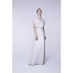 JY Jenny yoo Soho Metallic Blouson V Neck Gown Silver Women's Size 6 New w/ Tag!